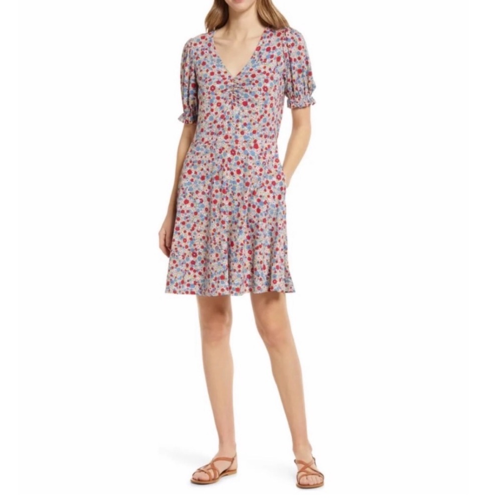 Boden | Riviera Blue, Floret Cluster V-Neck Jersey Minidress